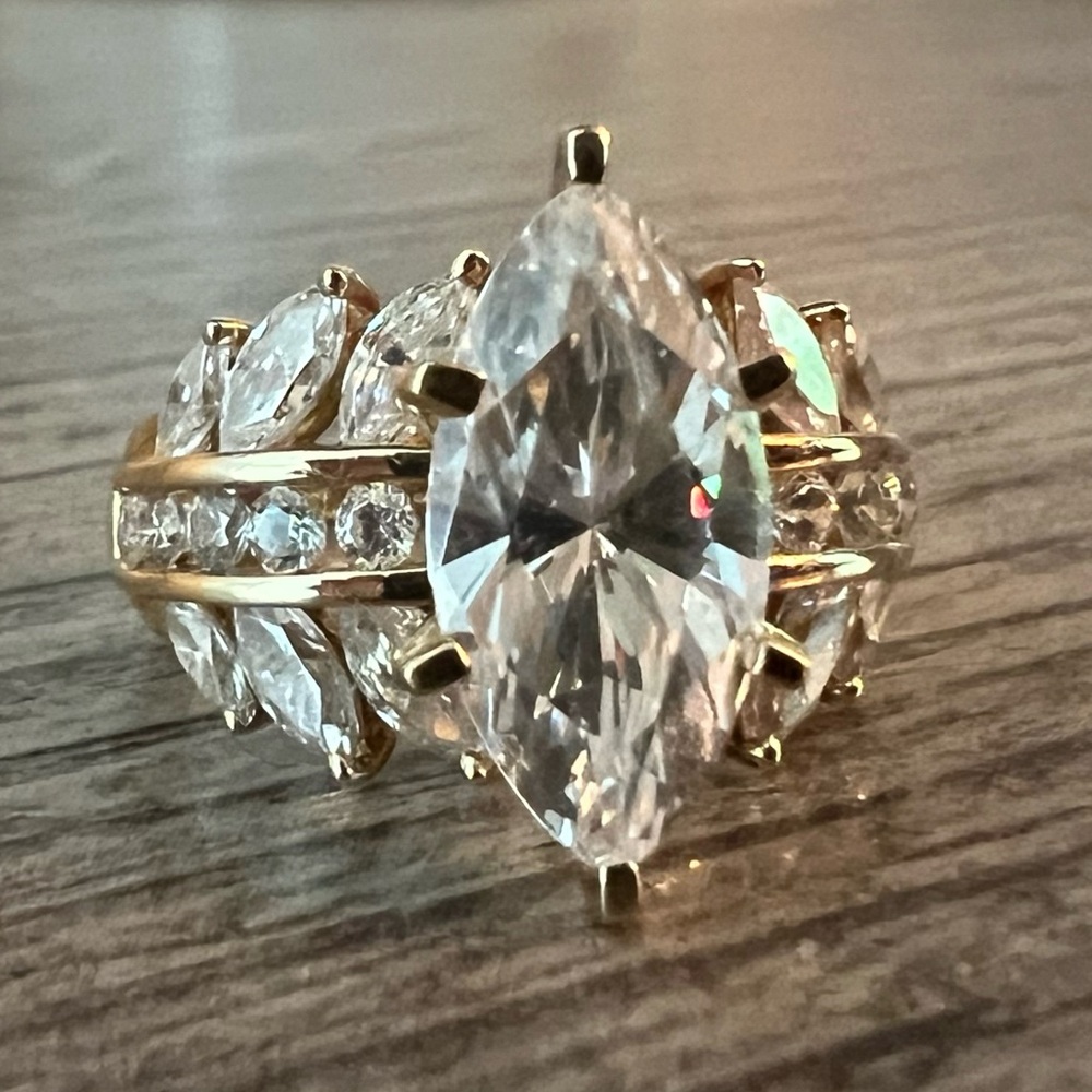 Diamonique Gold Marquise Cut Ring with Art Deco Elegance